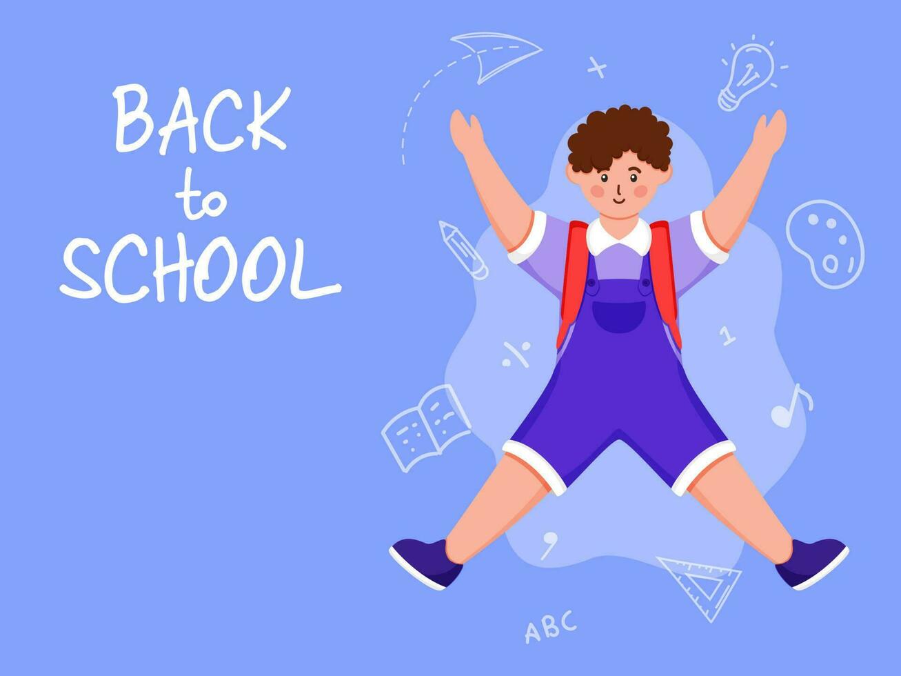 Back To School Poster Design With Young Student Boy Jumping On Blue Background. vector