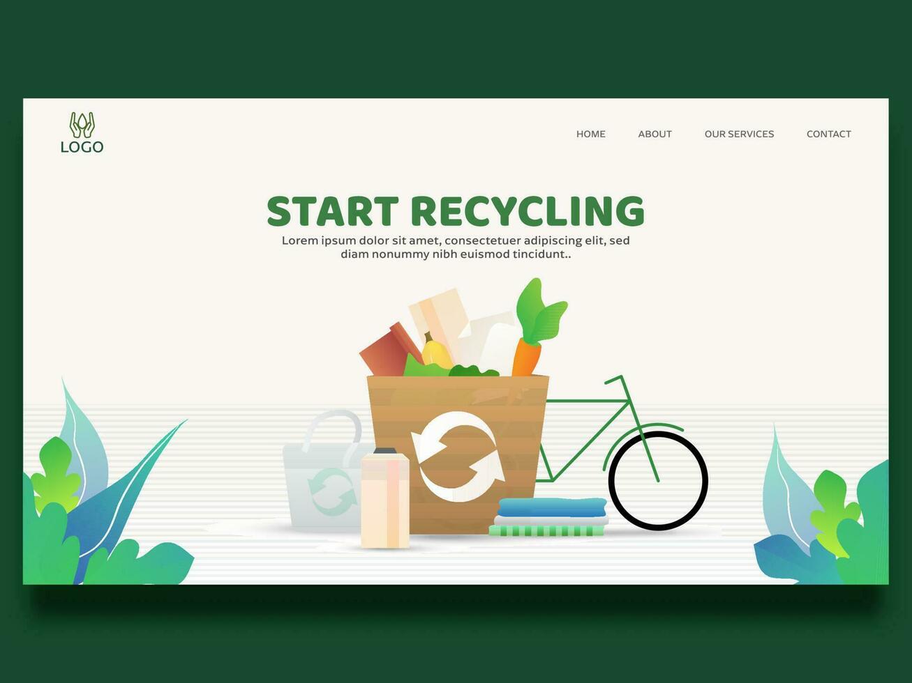 Start Recycling Concept Based Landing Page With Paper Food Bag, Bottle, Clothes And Bicycle On White Background. vector