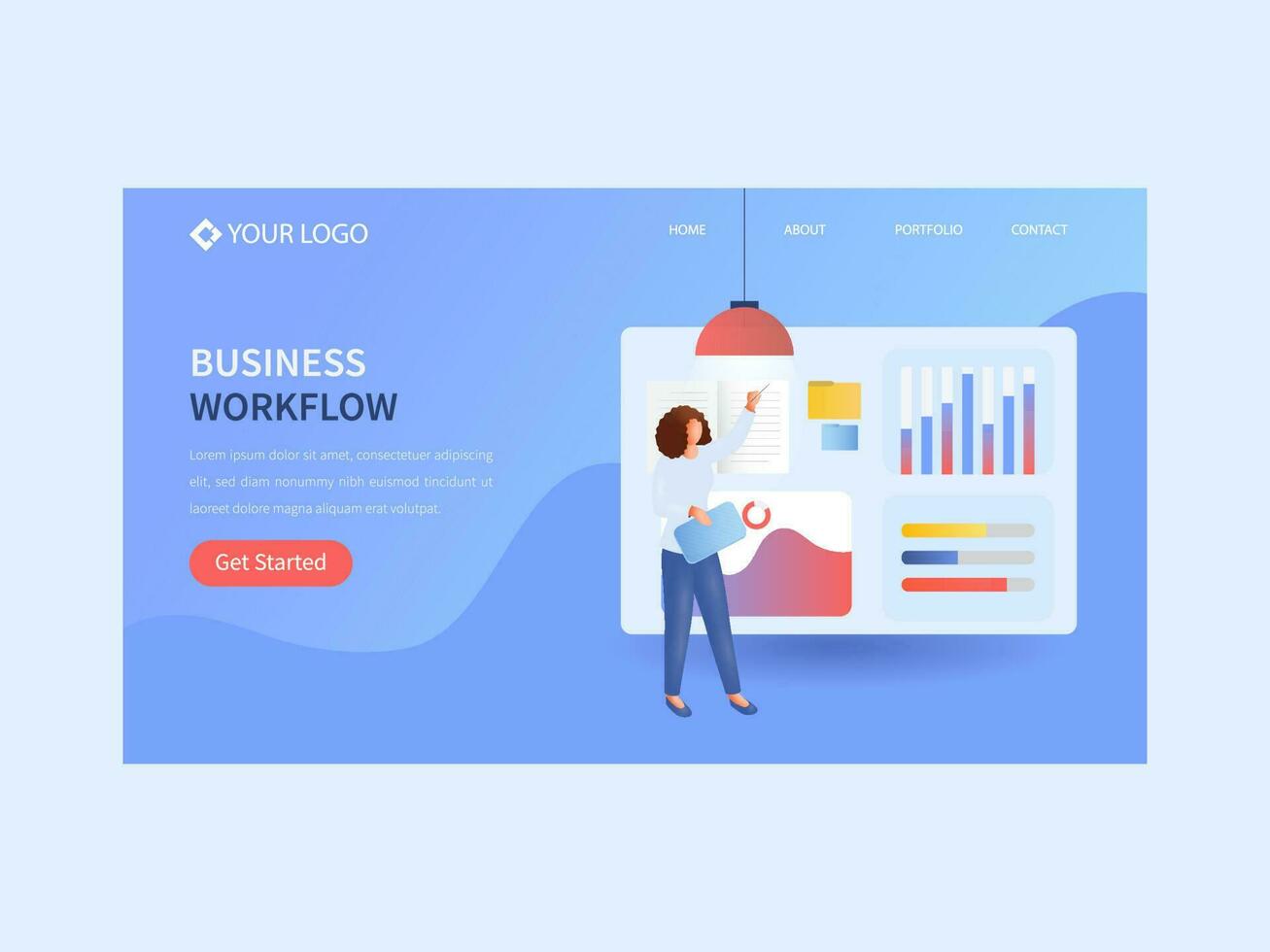 Business Workflow Landing Page Or Web Banner Design With Analyst Woman Presenting Dashboard On Blue Background. vector