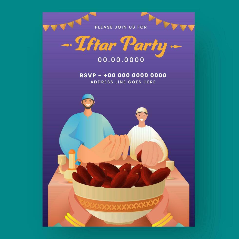 Iftar Party Invitation Card Or Flyer Design With Event Details In Violet Color. vector