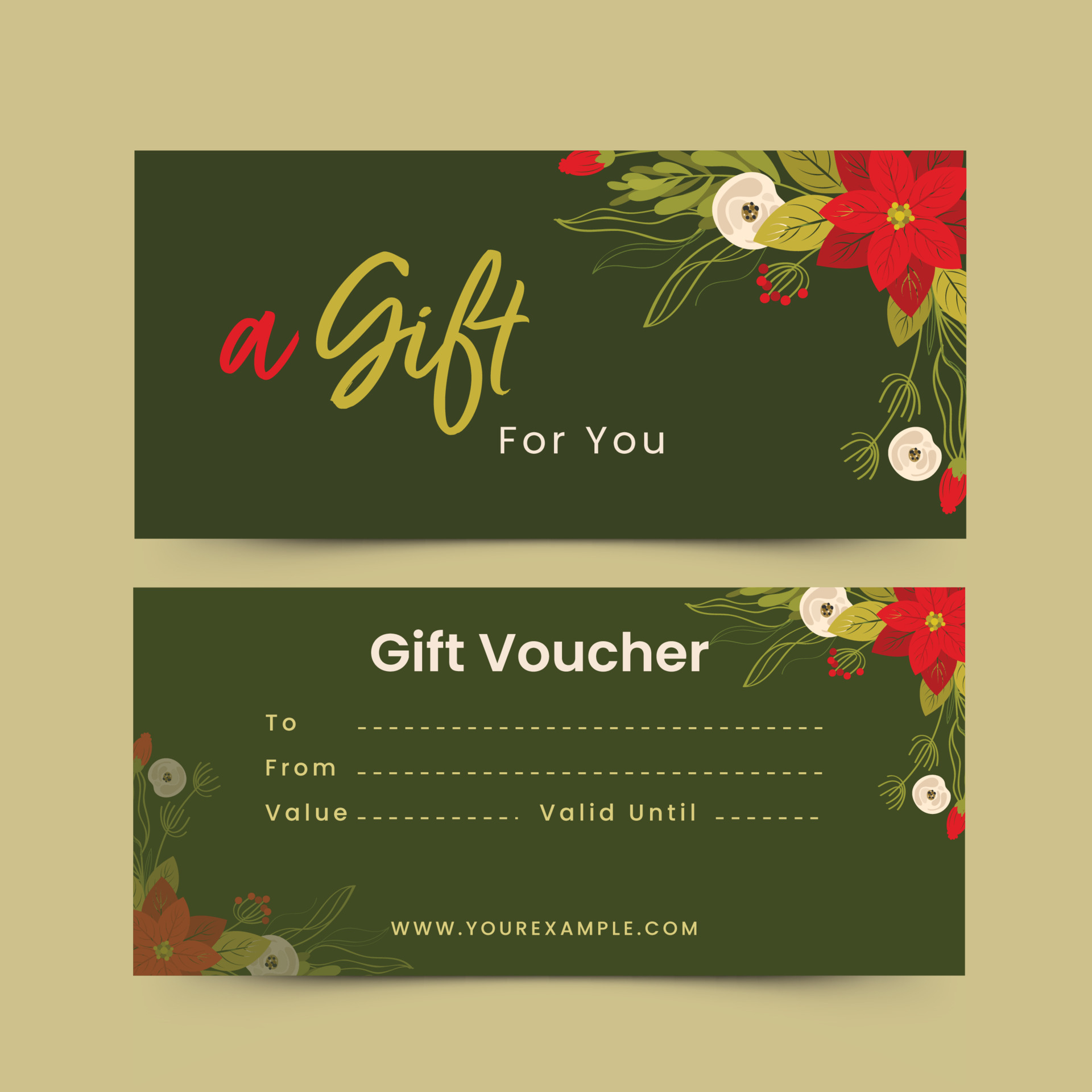Gifting Card Or Voucher Design With Poinsettia Flowers, Leaves In Front