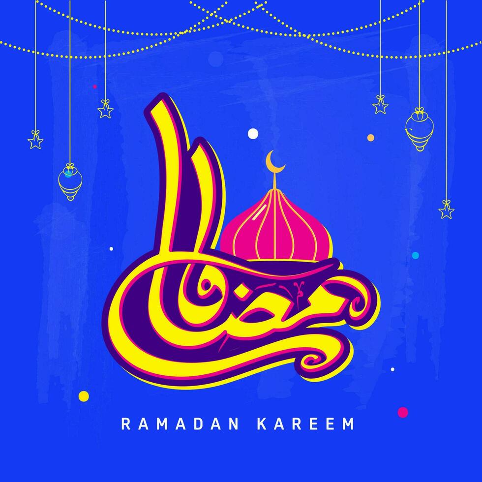 Arábica caligrafía de Ramadán kareem con mezquita cúpula, lineal estrellas y lamparas colgar en azul antecedentes. vector