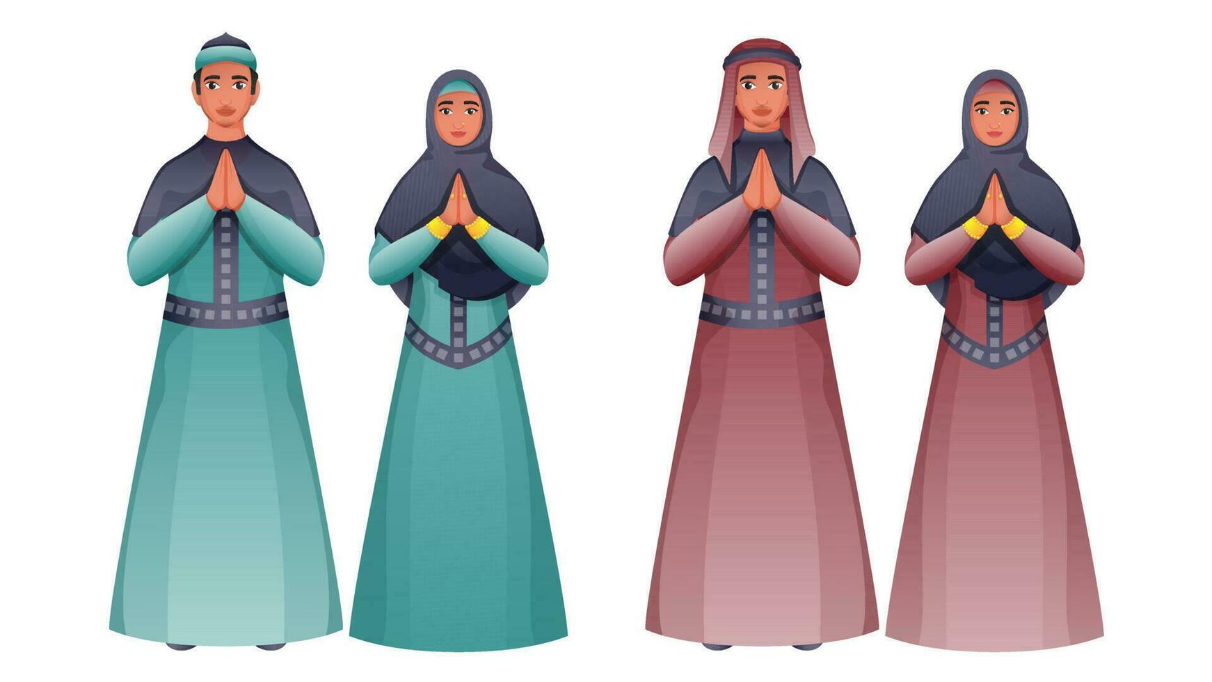 Young Islamic Couple Doing Namaste Welcome In Two Options. vector