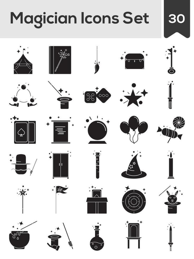 Glyph Style Magician Icon Set On White Background. vector