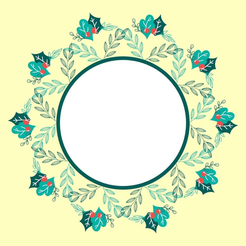 Empty Round Frame With Berries And Green Leaves Decorated Yellow Background. vector
