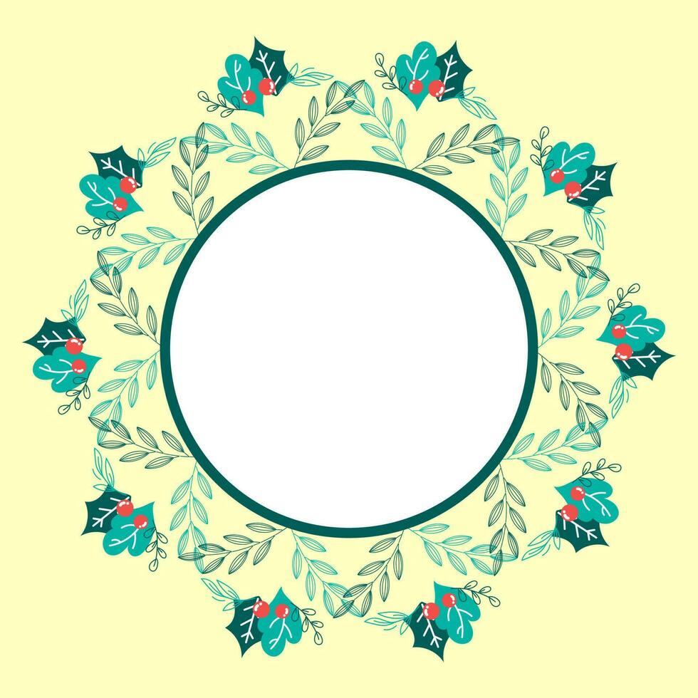 Empty Round Frame With Berries And Green Leaves Decorated Yellow Background. vector