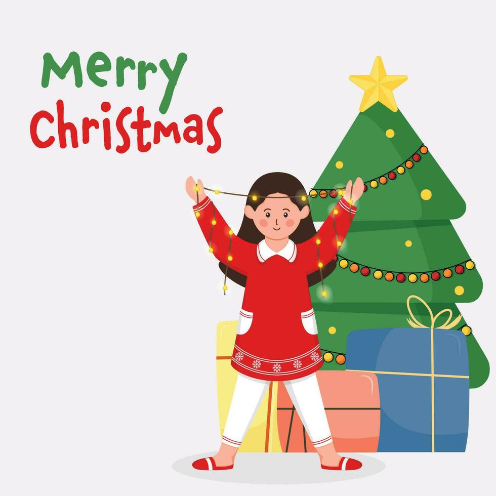 Merry Christmas Concept With Young Girl Holding Lighting Garland, Decorative Xmas Tree And Gift Boxes On White Background. vector