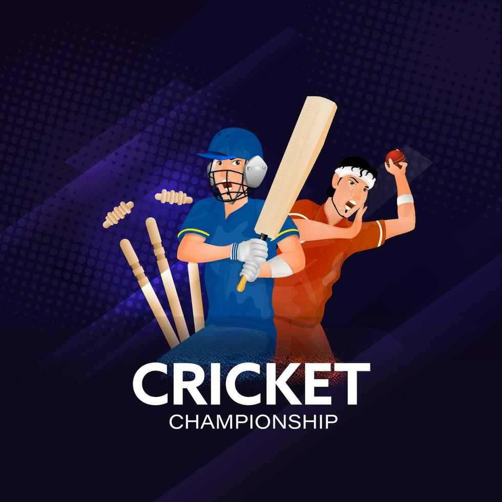 Cricket Championship Concept With Batsman, Bowler Player In Playing Pose On Purple Halftone Background. vector