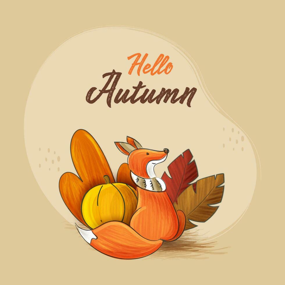 Hello Autumn Concept With Cartoon Fox Sitting, Pumpkin and Leaves On Beige Background. vector