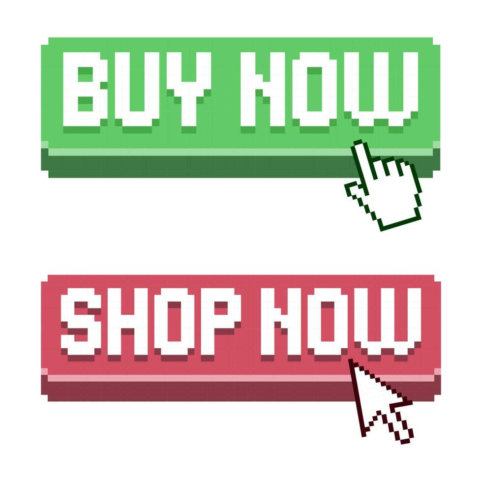 Buy now, shop now button pixel art with pixel mouse cursors pointer, arrow vector