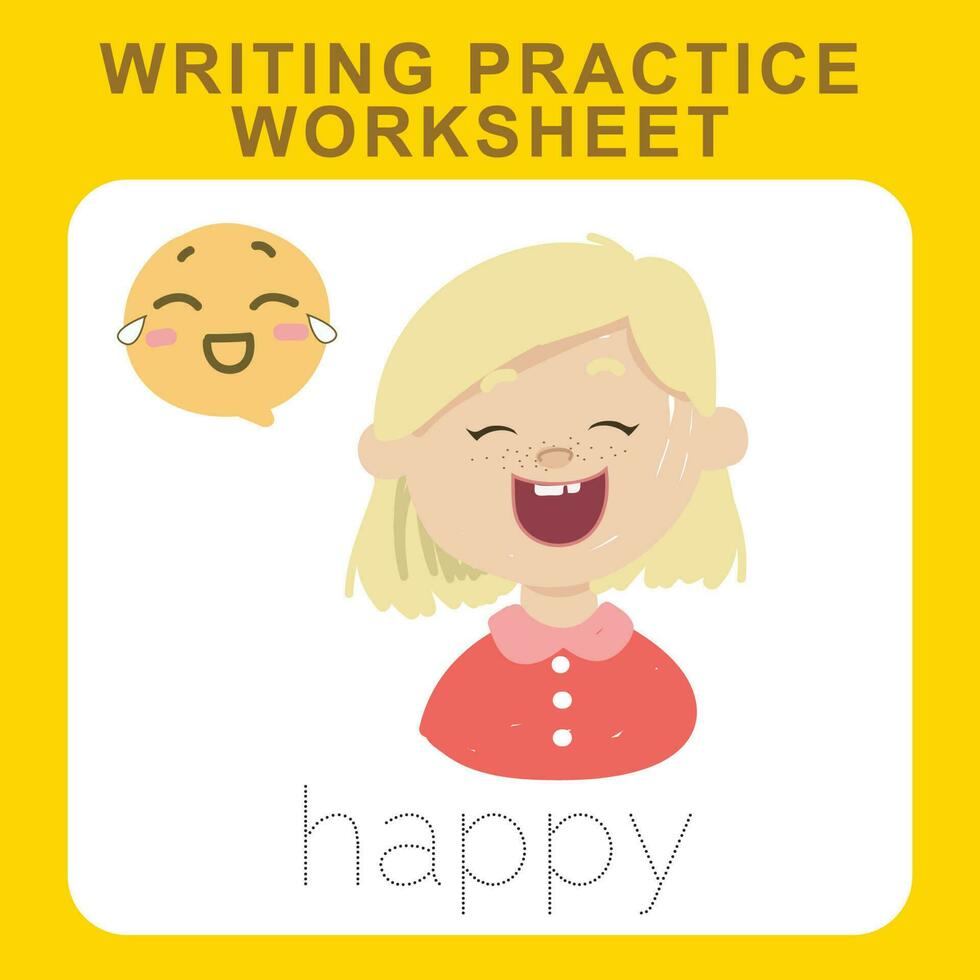 Writing practice worksheet. Educational about feelings. Facial expression. Diversity for kids. Vector file.