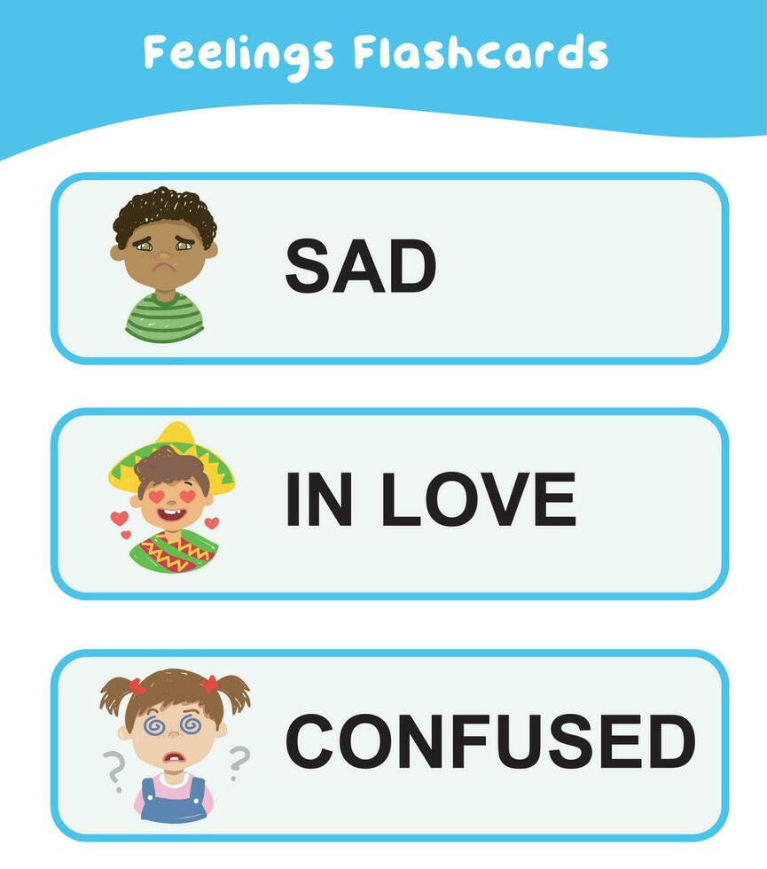sensación tarjetas didácticas conjunto para niños a entender acerca de expresando sentimientos. emociones tarjeta de memoria flash imprimible. facial expresión. diversidad para niños. vector archivo.