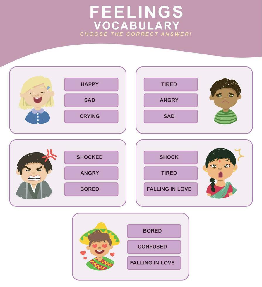 Choose the correct answer. Feelings vocabulary. Worksheet for preschool. Words test educational game for children. Vector file.
