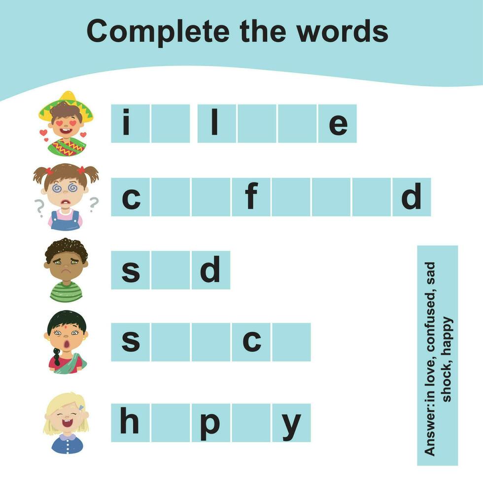 What letters are missing. Complete the words worksheet. Feelings vocabulary. Worksheet for preschool. Writing practice. Vector illustration.