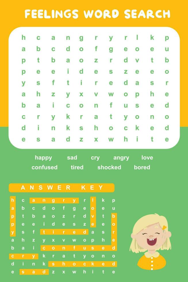 Feelings Word Search worksheet. Educational worksheet for preschool. Vector illustration file.