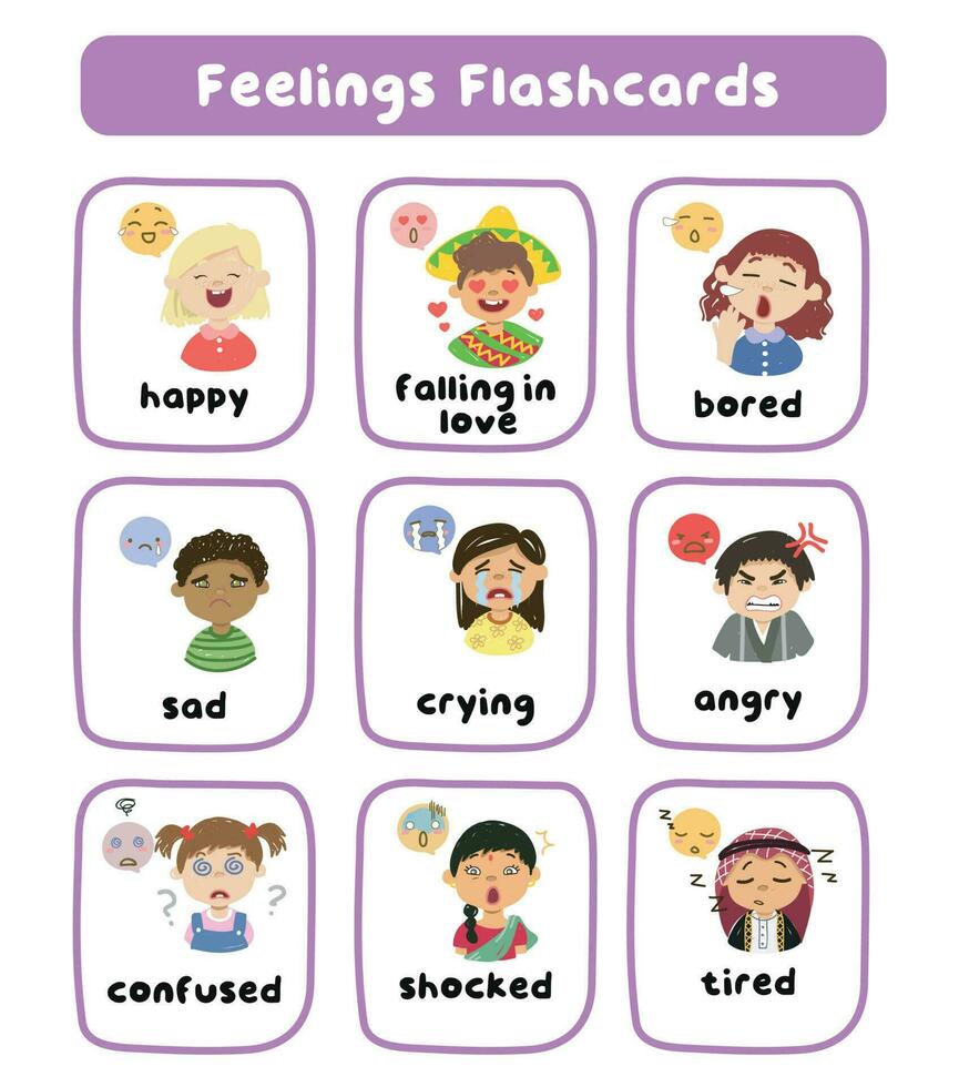 Set of children expressing feelings with adjective words illustration. vector