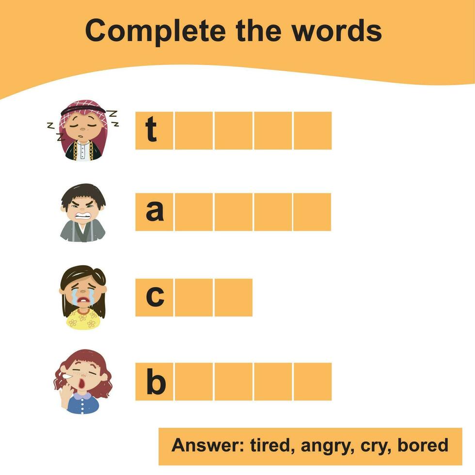 What letters are missing. Complete the words worksheet. Feelings vocabulary. Worksheet for preschool. Writing practice. Vector illustration.