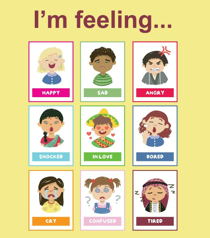 Set of children expressing feelings with adjective words illustration. vector