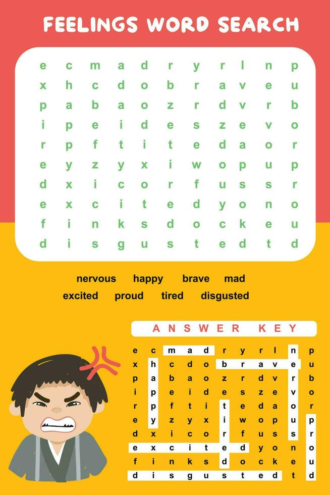 Feelings Word Search worksheet. Educational worksheet for preschool. Vector illustration file.