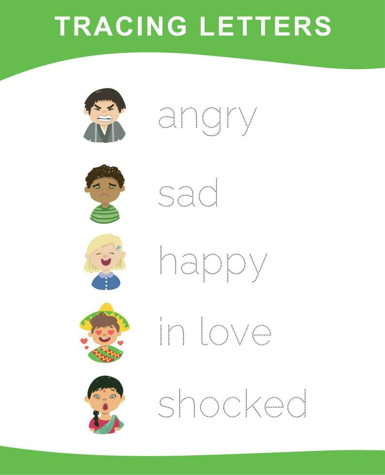 Writing practice worksheet. Educational about feelings. Facial expression. Diversity for kids. Vector file.