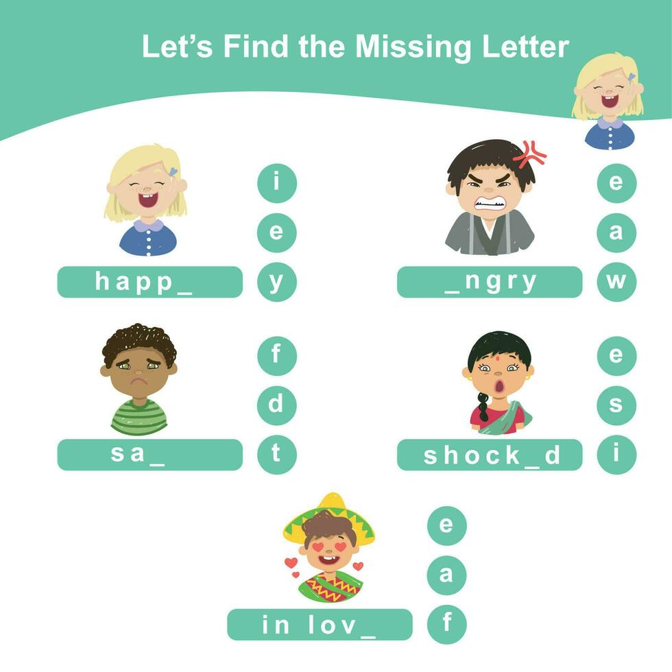 Lets find the missing letter. Find the missing letter worksheet. Educational spelling printable game worksheet. Vector illustration.