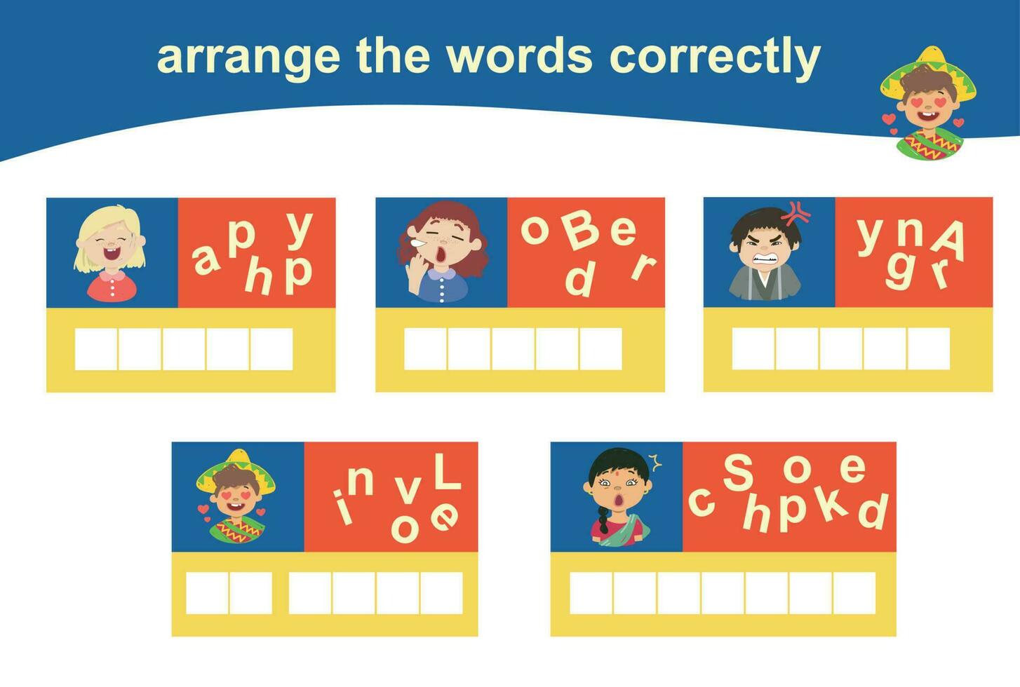 Arrange the words correctly. Worksheet for preschool. Writing practice worksheet. Vector file.