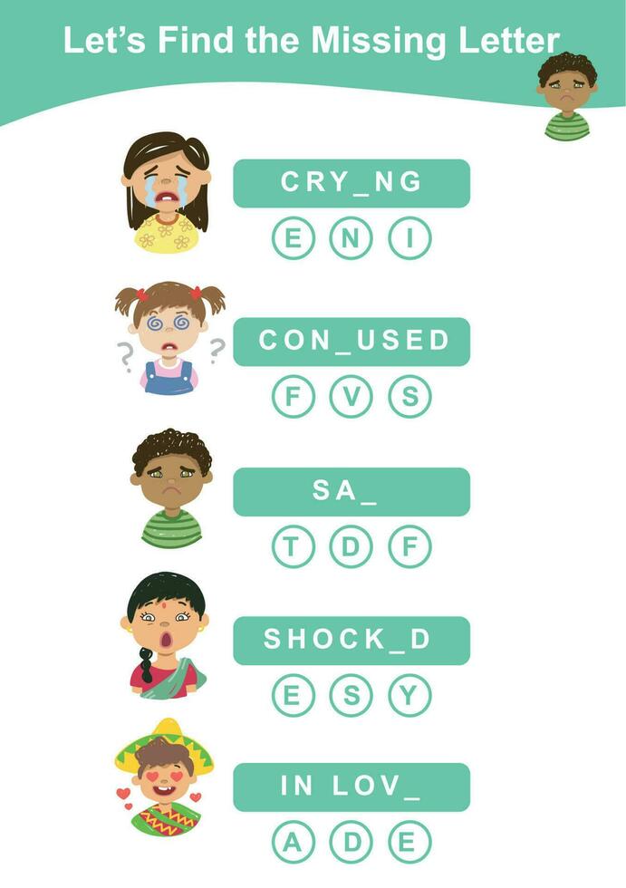 Lets find the missing letter. Find the missing letter worksheet. Educational spelling printable game worksheet. Vector illustration.