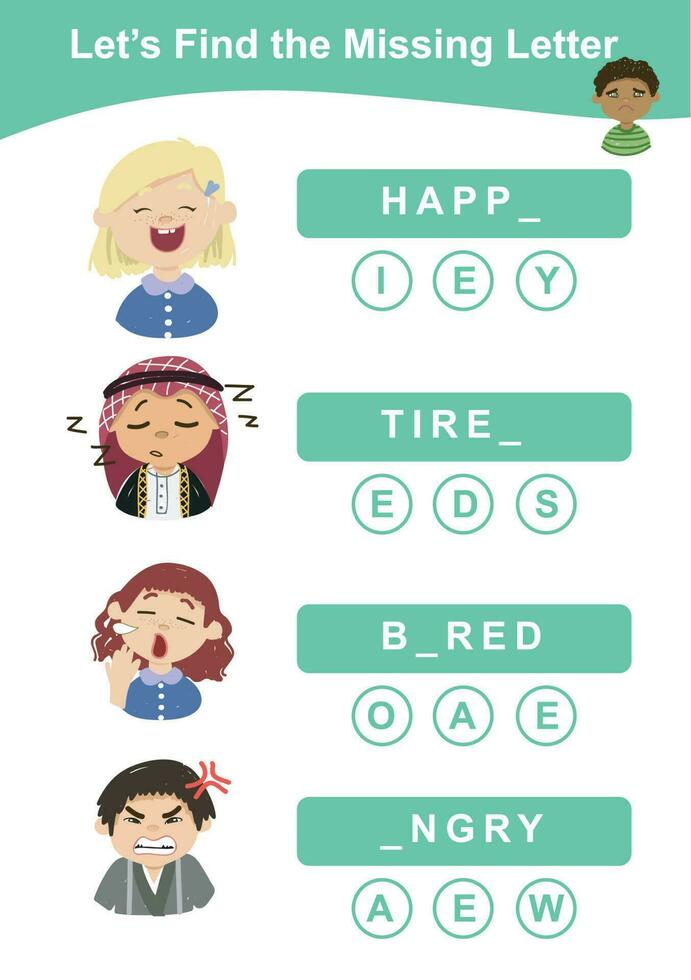 Lets find the missing letter. Find the missing letter worksheet. Educational spelling printable game worksheet. Vector illustration.
