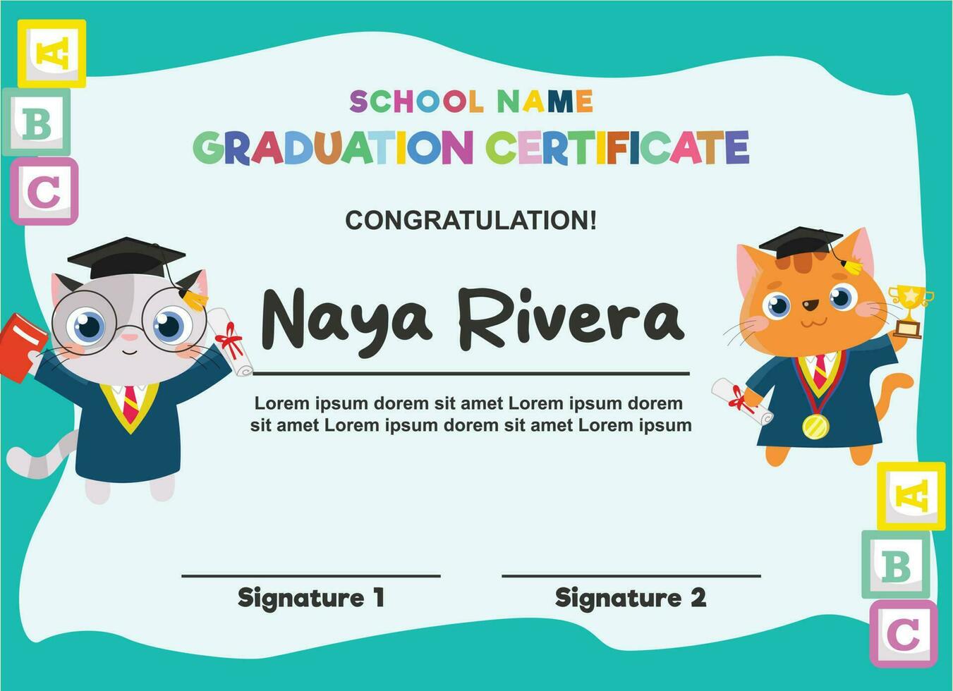 Cute diploma certificate template for preschool, kindergarten or primary school student. A cute and kawaii cat holding the graduation certificate trophy. Vector file.