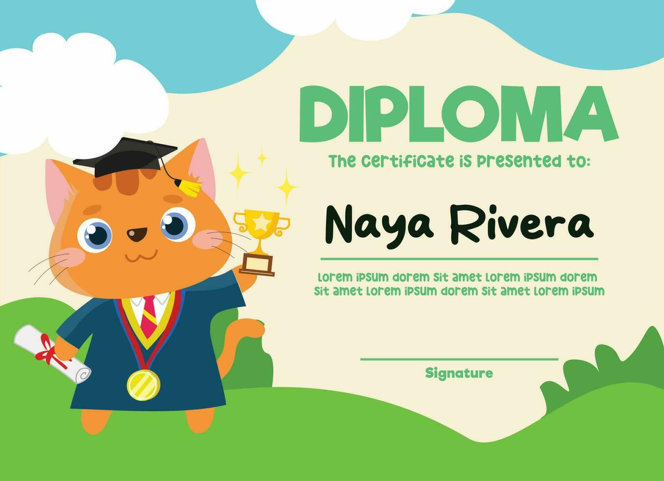 Cute diploma certificate template for preschool, kindergarten or primary school student. A cute and kawaii cat holding the graduation trophy. Vector file.