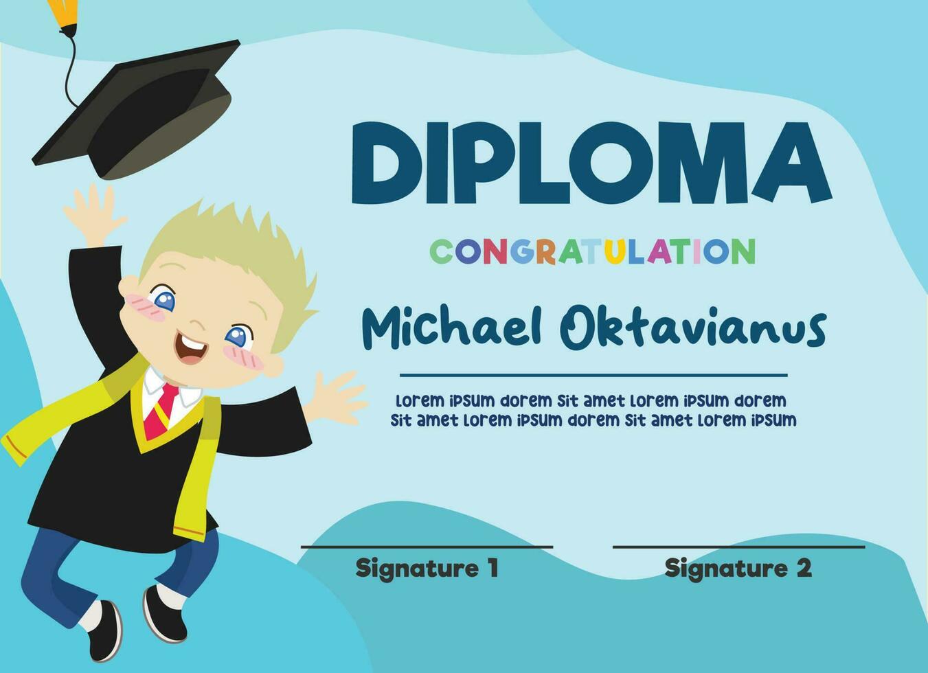 Cute diploma certificate template for preschool, kindergarten or primary school student. A cute blonde little boy happy on the graduation day. Vector file.