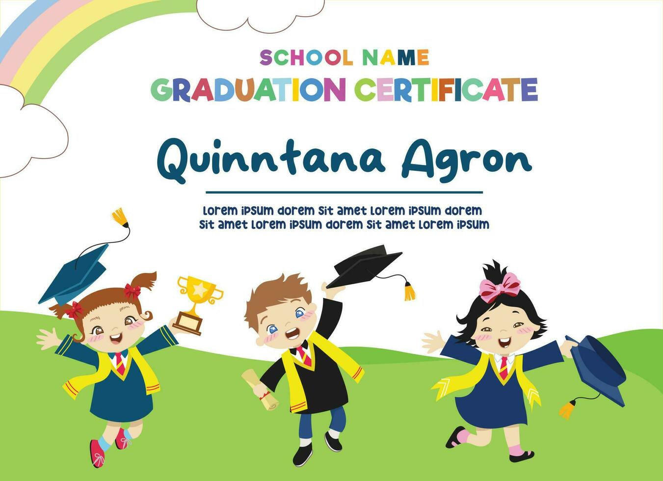 Cute diploma certificate template for preschool, kindergarten or primary school student. Children celebrating the graduation happily. Vector file.