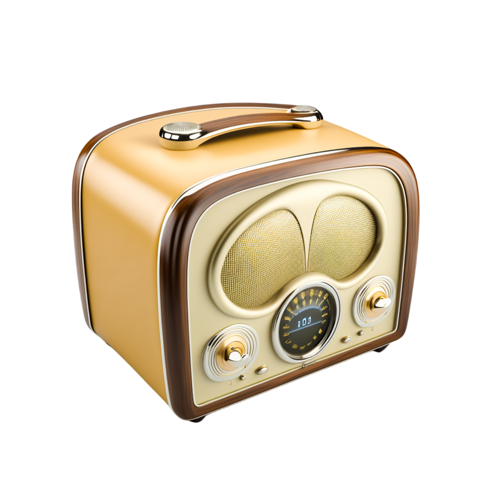 mondo Radio giorno con 3d d'oro illuminato registratore. generativo ai png