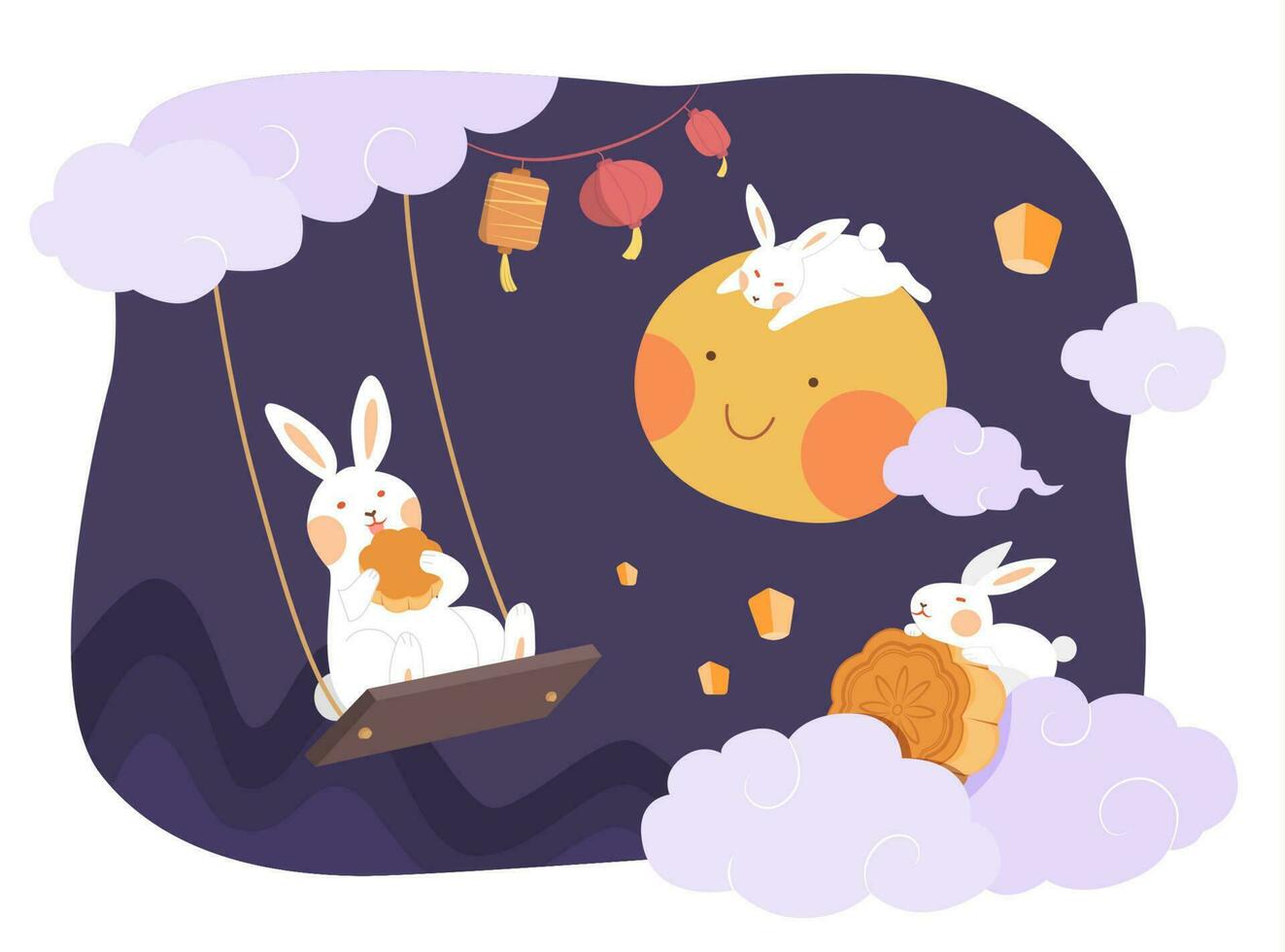 Mid autumn festival design. Flat illustration of rabbits sitting in the sky and watching moon together as holiday celebrations vector