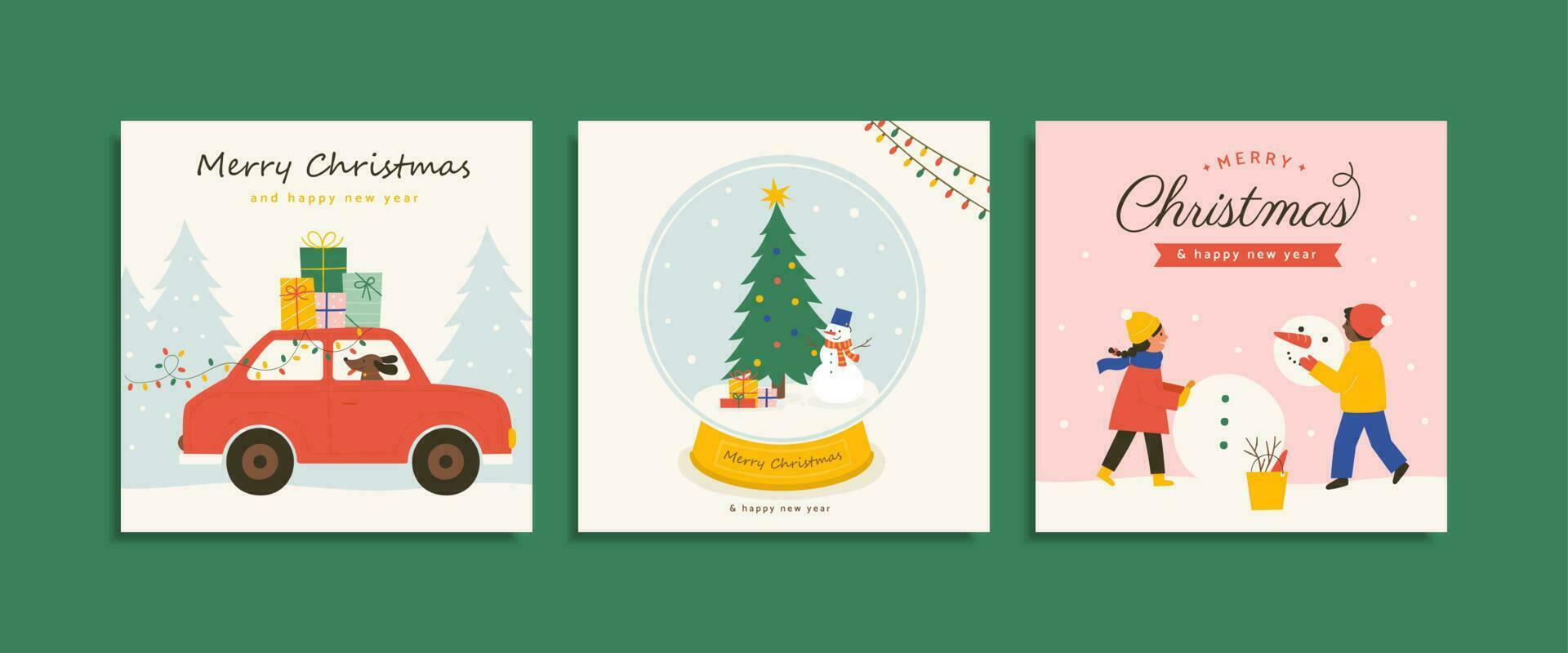 Set of Christmas card templates on green background. Flat illustration of road trip, Christmas tree in snow globe, and kids making a snowman. Suitable for invitation and greeting card. vector