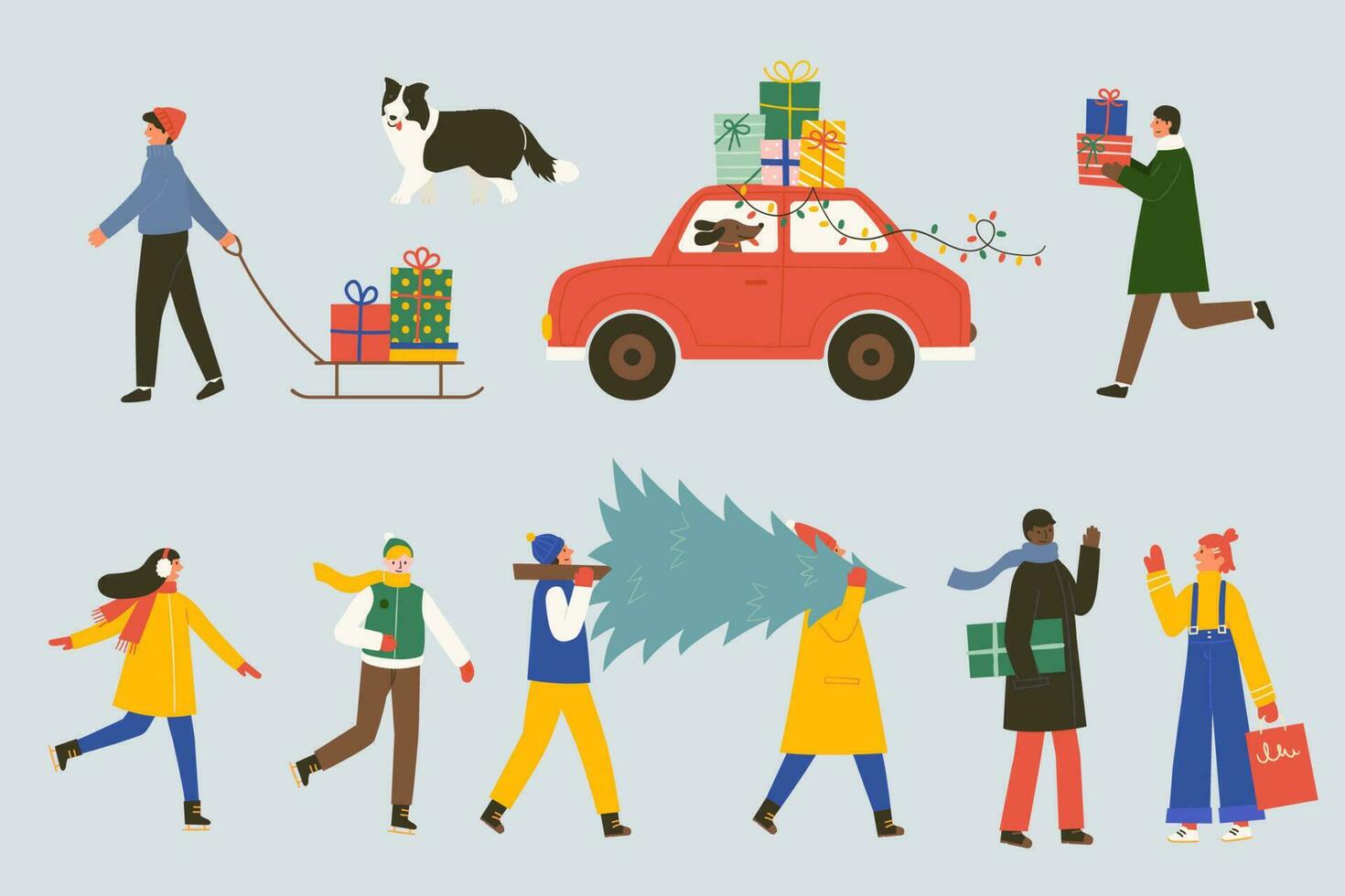 Collection of people doing different activities before or on Christmas. Flat illustration set suitable for Xmas icons. vector