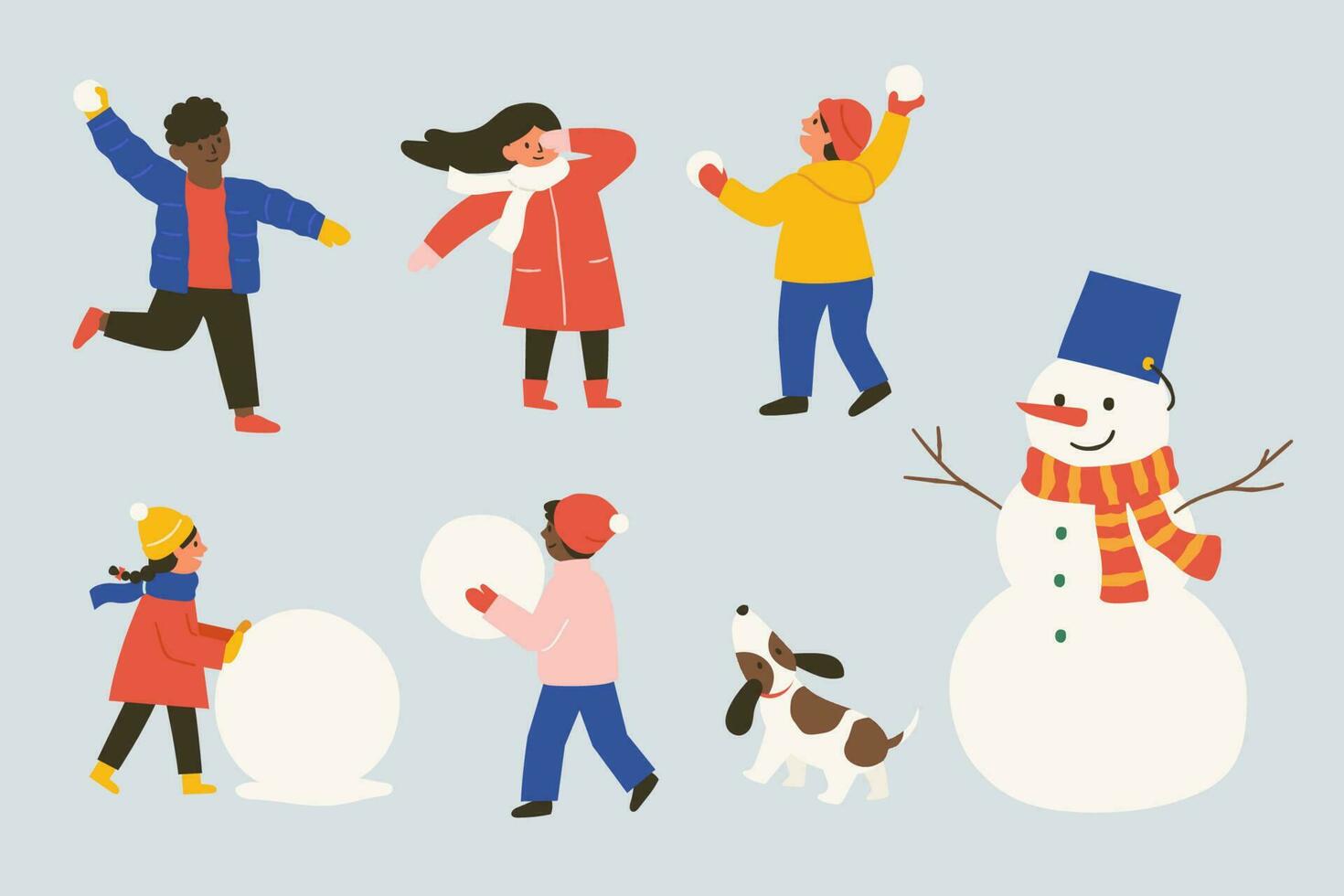 Collection of happy children playing in snow. Flat illustration of winter activities, including snowball fight and making snowman. vector