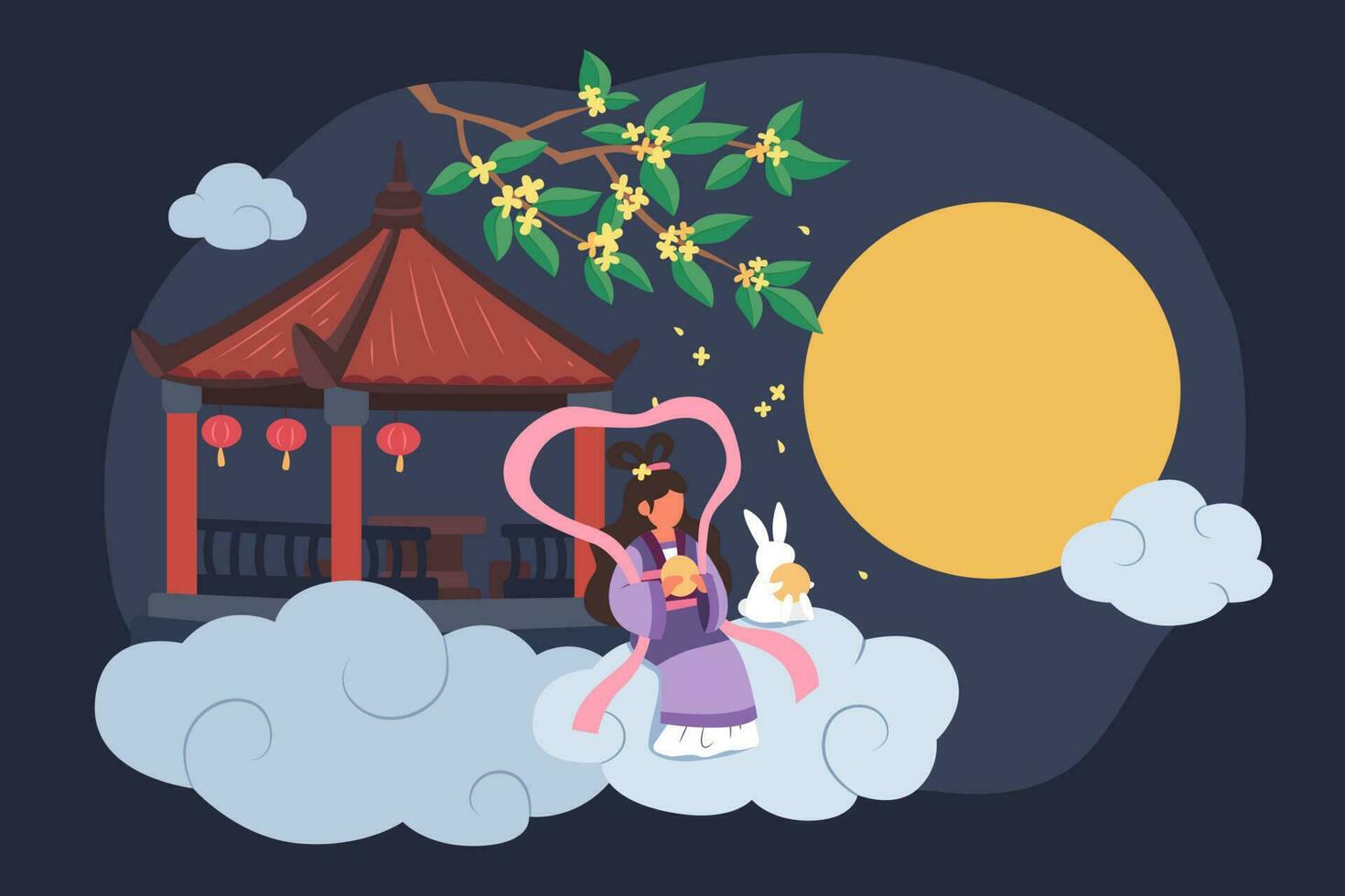 Mid autumn festival design. Flat illustration of fairy Chang'e and jade rabbit sitting outside of Chinese pavilion watching moon and eating mooncakes as celebrations vector