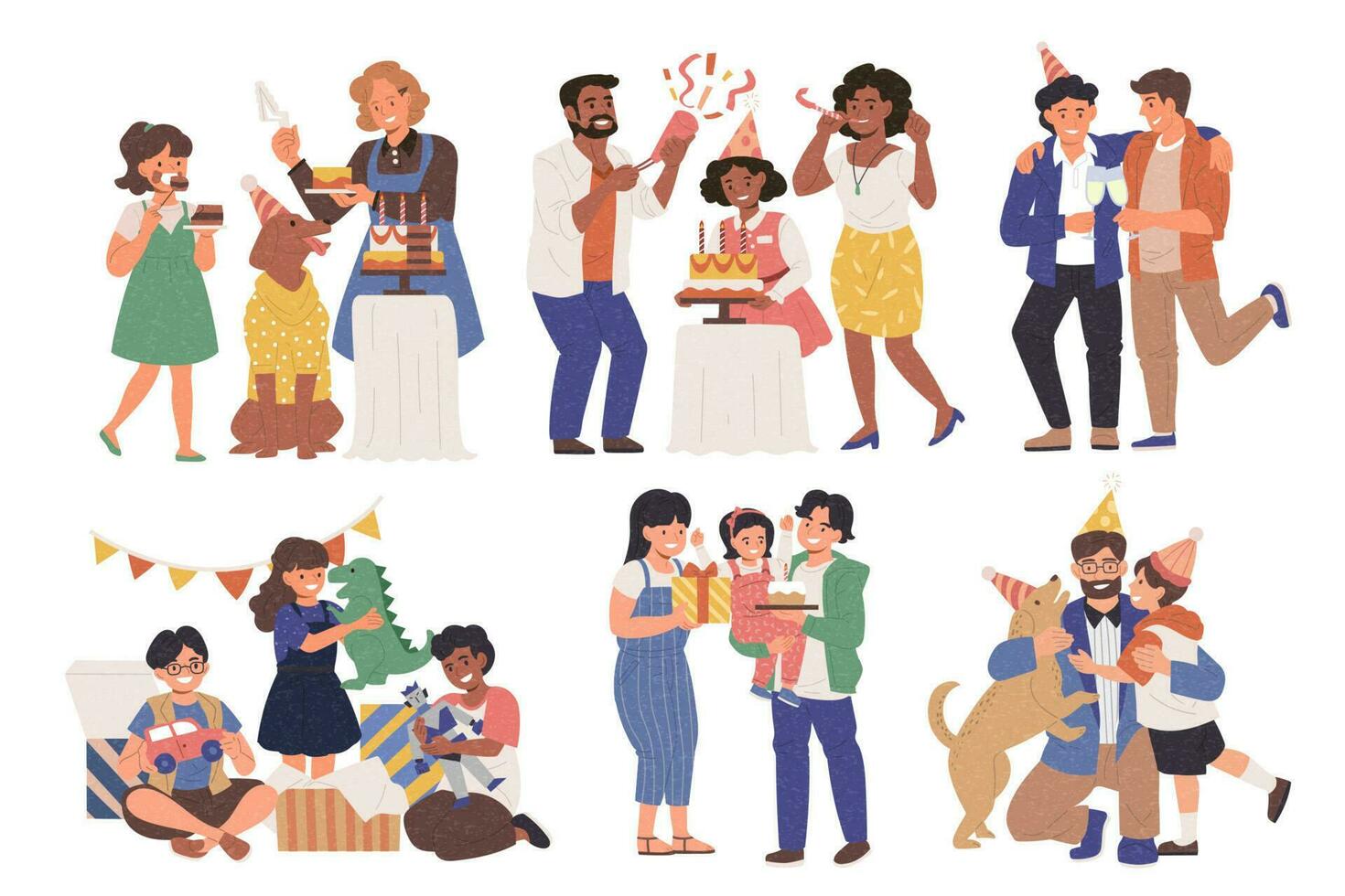 conjunto de diferente familias celebrando cumpleaños para su niños. plano estilo ilustración. vector