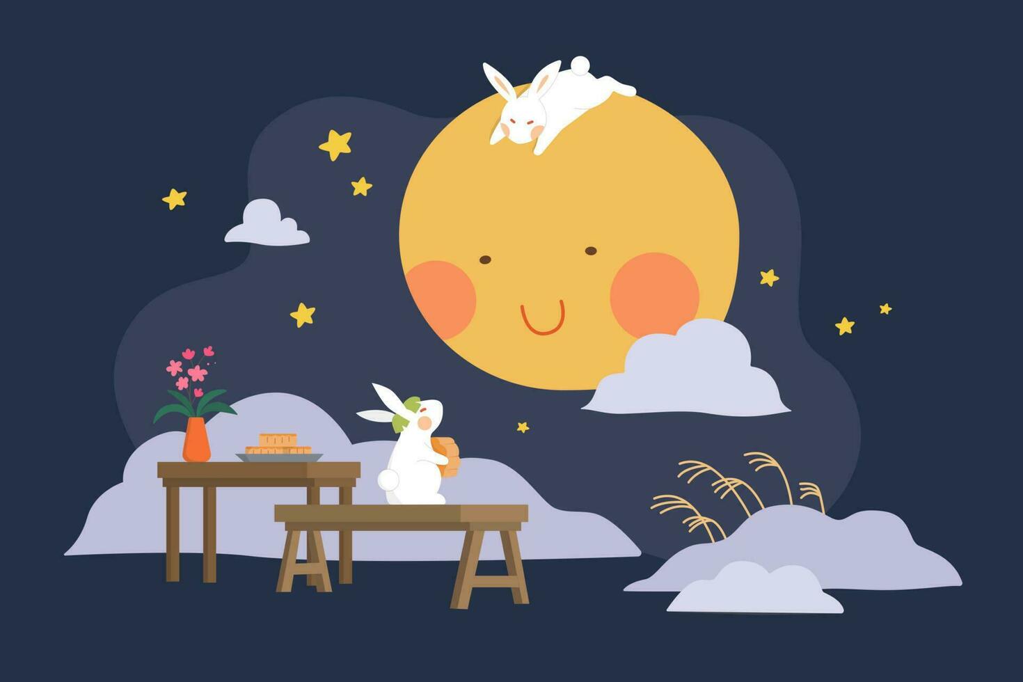 Mid autumn festival design. Flat illustration of jade rabbits eating mooncakes and watching moon as holiday celebrations vector