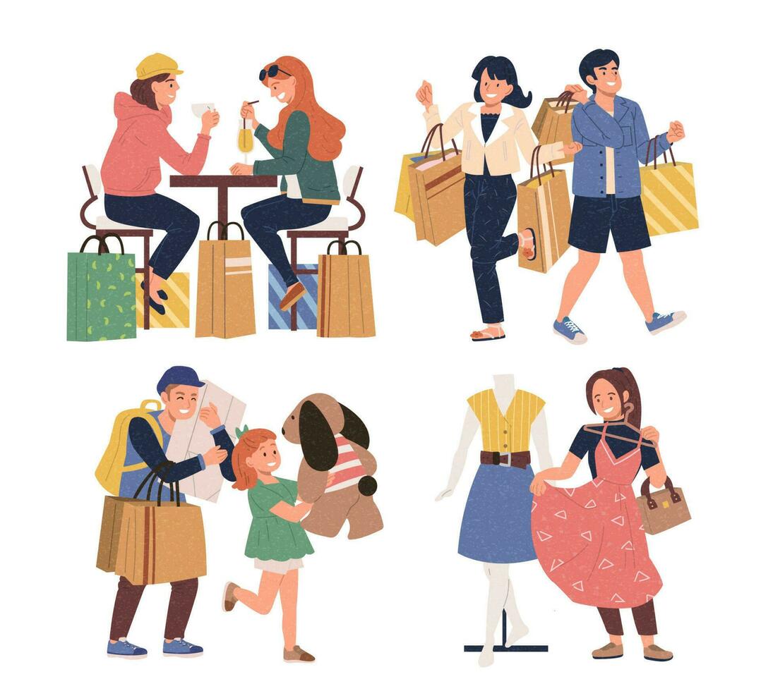 plano ilustración colocar. diferente grupos de personas haciendo compras en centro comercial. vector