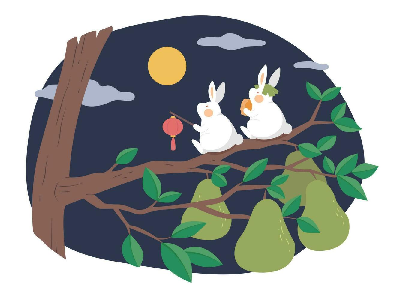 Mid autumn festival design. Flat illustration of jade rabbits sitting on pomelo tree's branch, eating mooncake and watching moon as holiday celebration vector