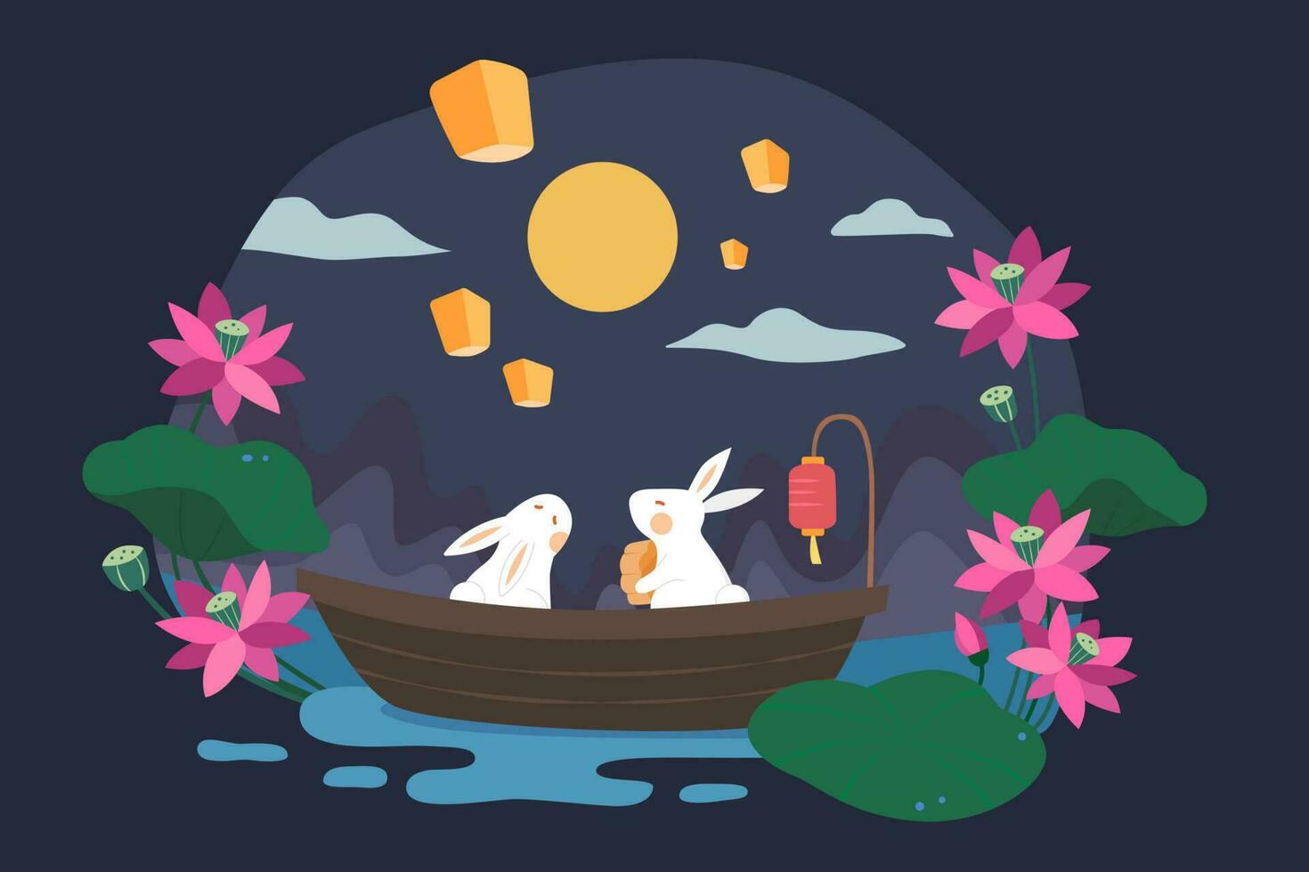 Mid autumn festival design. Flat illustration of jade rabbits eating mooncake on a boat floating on lotus pond and watching moon at night as holiday celebrations vector