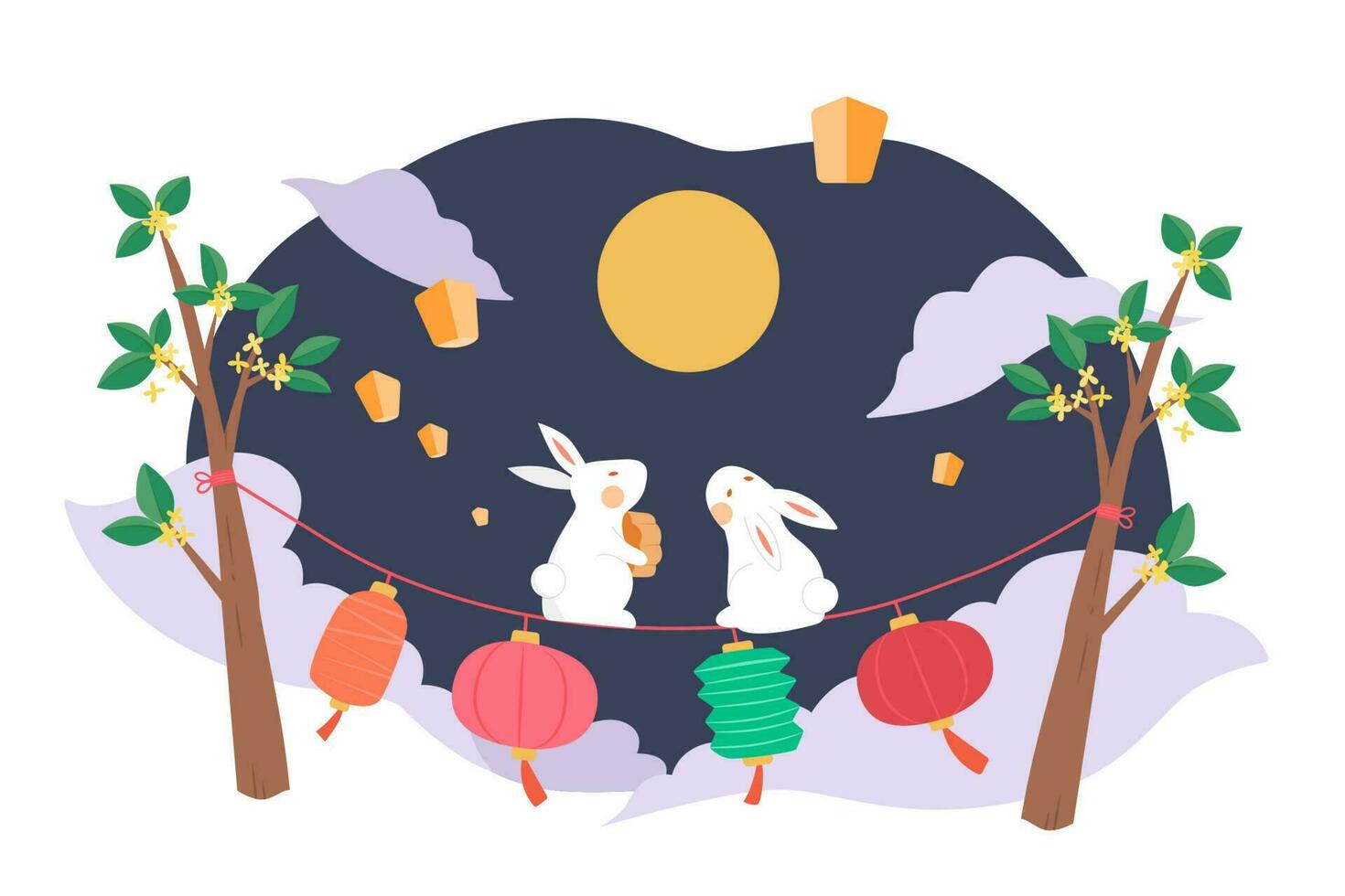medio otoño festival diseño. plano ilustración de jade conejos sentado en rojo cuerda colgando Entre osmanthus arboles y acecho Luna como fiesta celebraciones vector