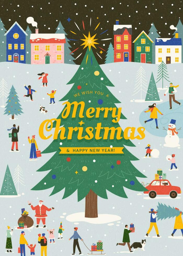 mano dibujado ilustración de personas teniendo divertido alrededor un enorme hermosa Navidad árbol. concepto de invierno paisaje y contento Navidad ciudad. vector