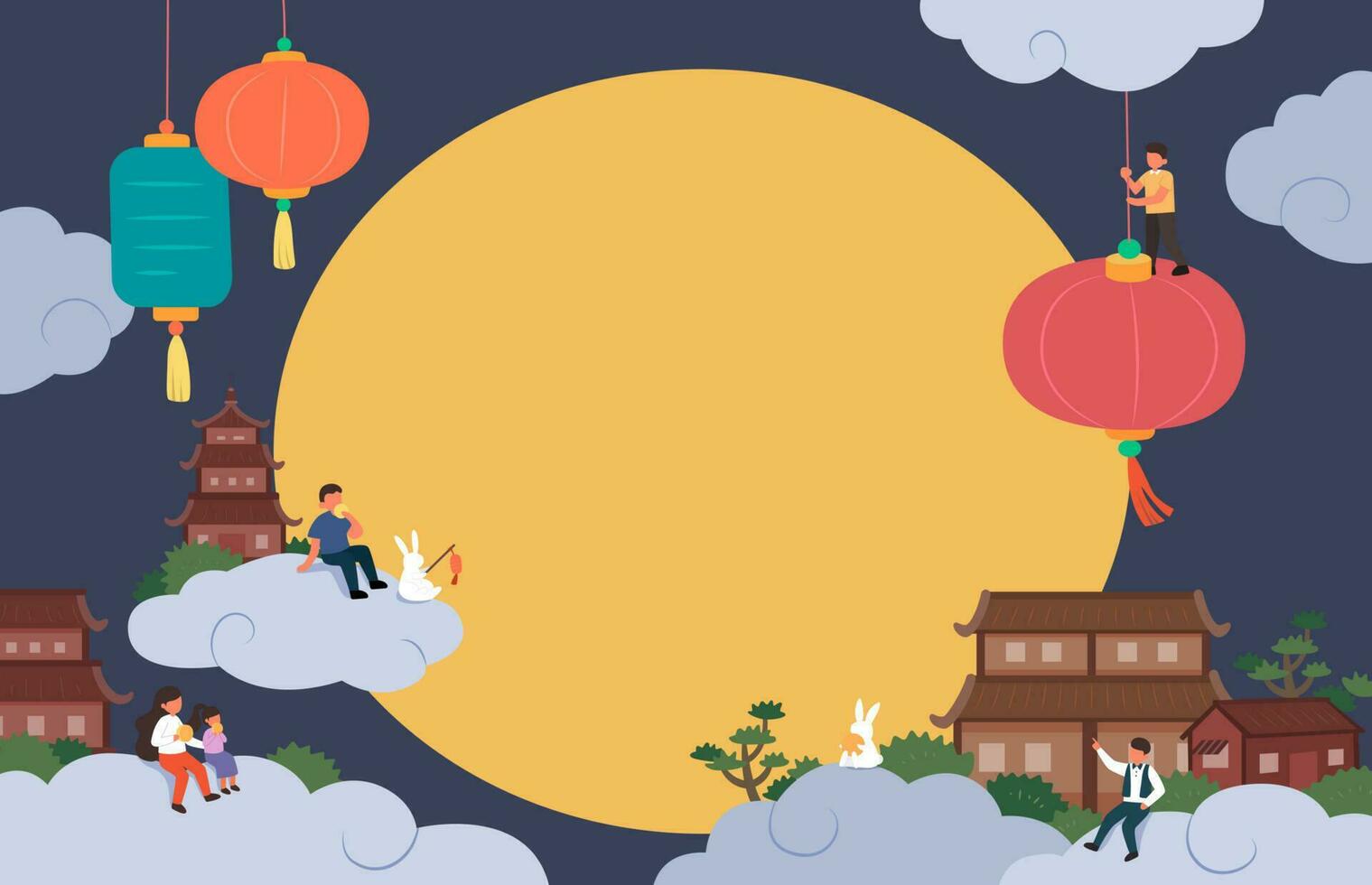 Mid autumn festival design. Flat illustration of Chinese people living on clouds watching full moon closely on mooncake festival vector