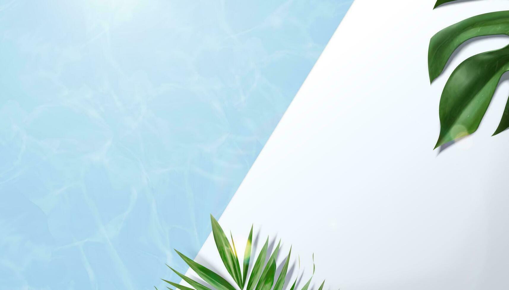 3d illustration of summer background for product display. Top view of beautiful swimming pool with water ripples and tropical leaves. vector