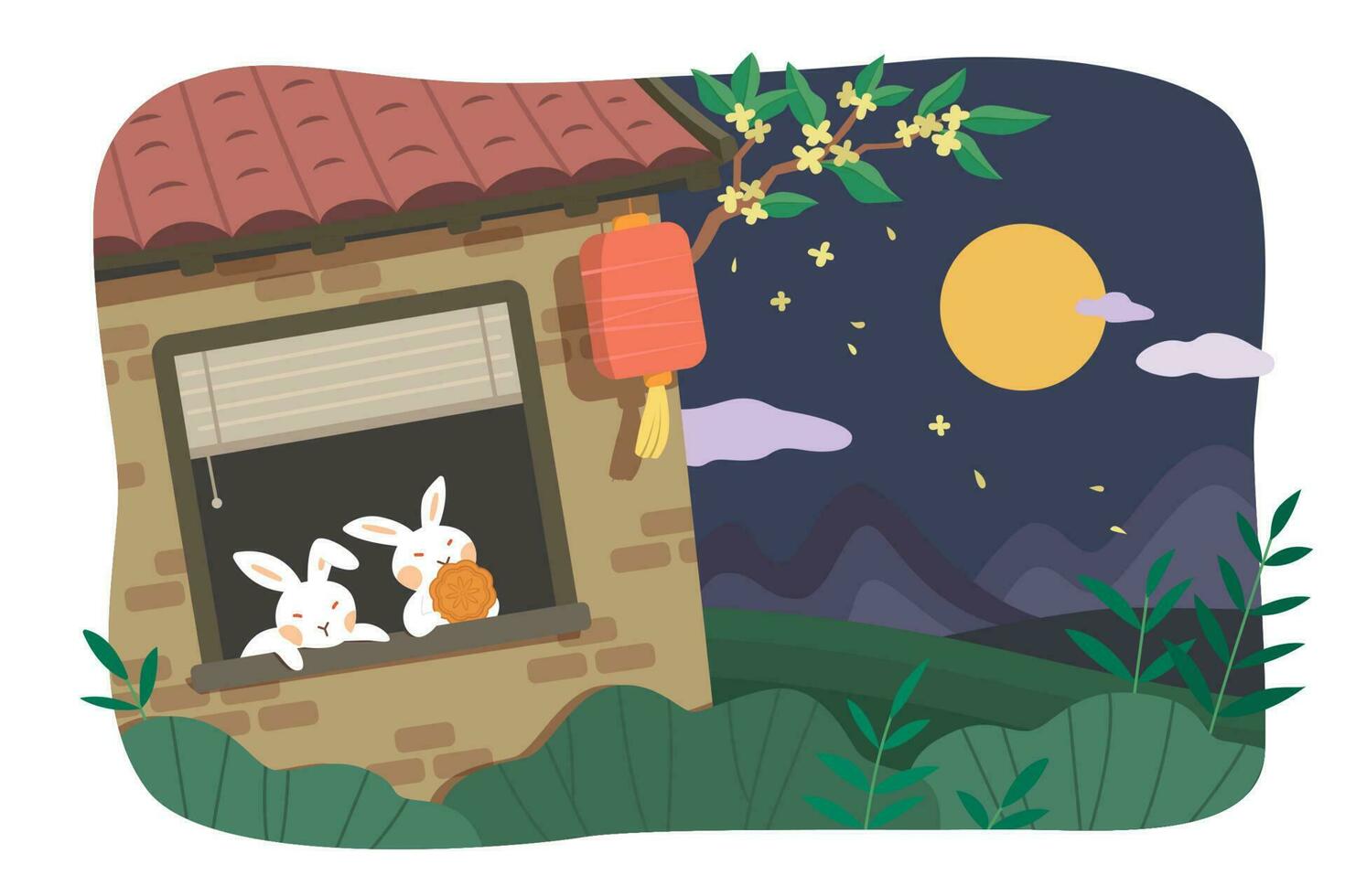 Mid autumn festival design. Flat illustration of rabbits watching moon at home and eating mooncake as holiday celebrations vector