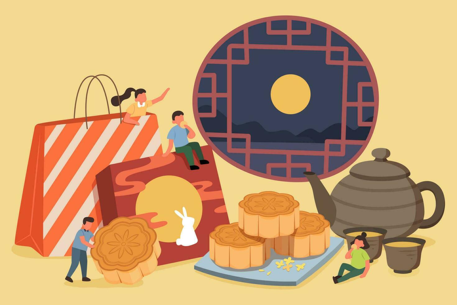 Mid autumn festival design. Flat illustration of Chinese family eating mooncakes from souvenir box and watching moon at home indoor as celebrations vector