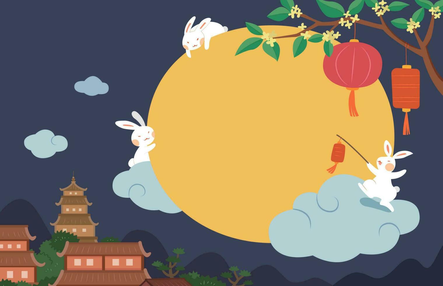 medio otoño festival diseño. plano ilustración de jade conejos teniendo divertido alrededor lleno Luna con chino edificios en antecedentes vector